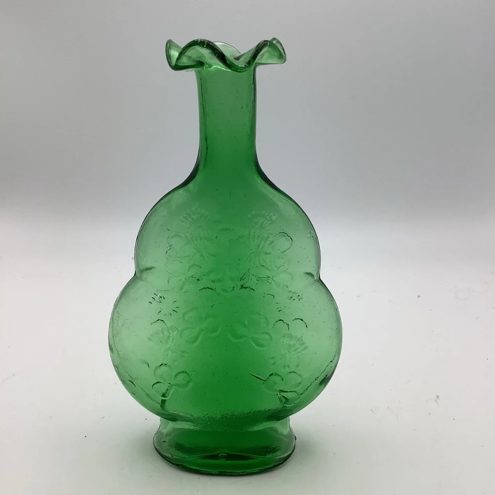 Green Glass Ruffle Top Vase with Embossd Shamrocks